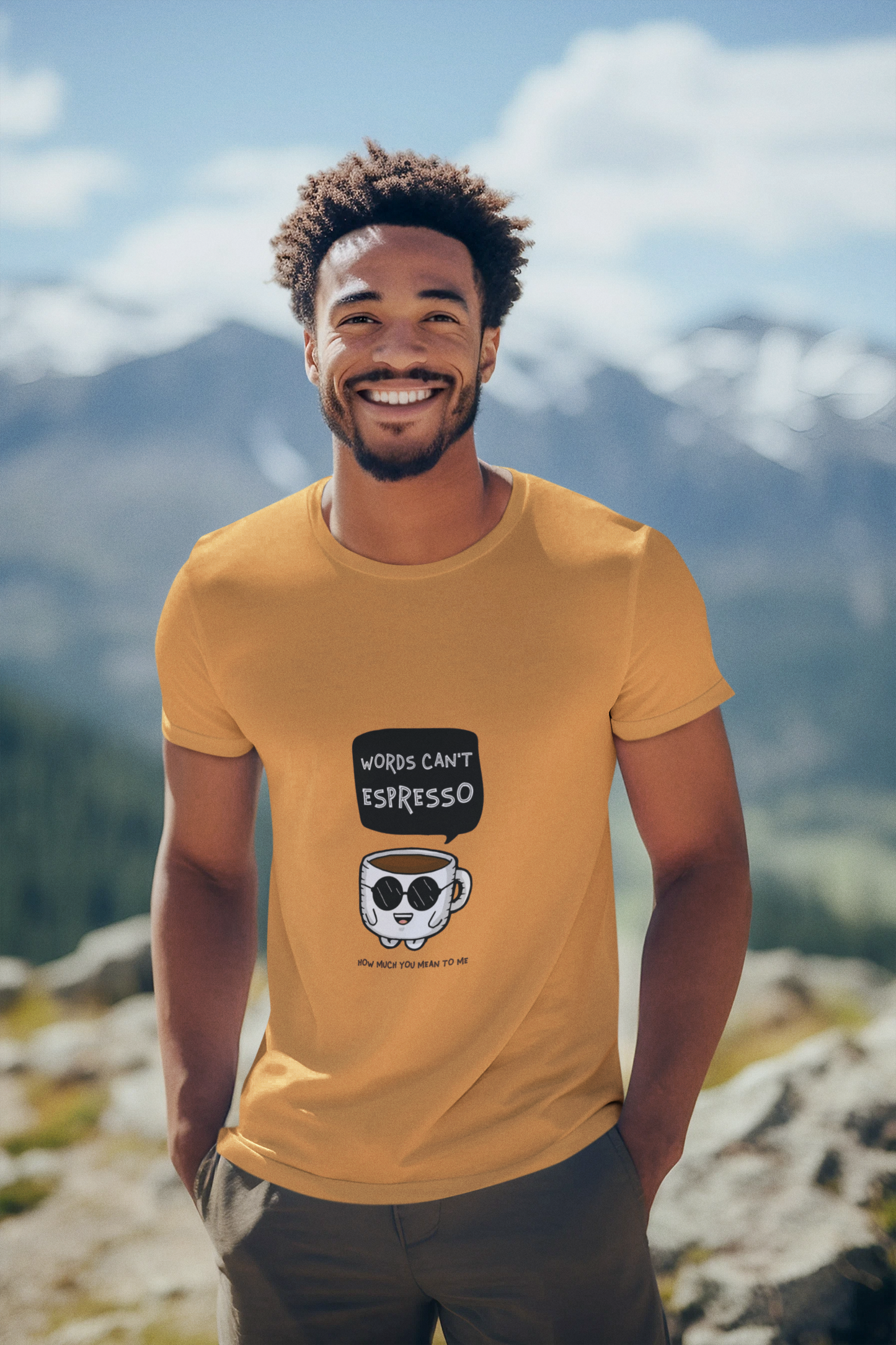 Words Can’t Espresso How Much You Mean to Me | Half Sleeve Cotton T-Shirt for Men | Coffee Mug Caricature | 180 GSM | Sustainable Print | Made in India