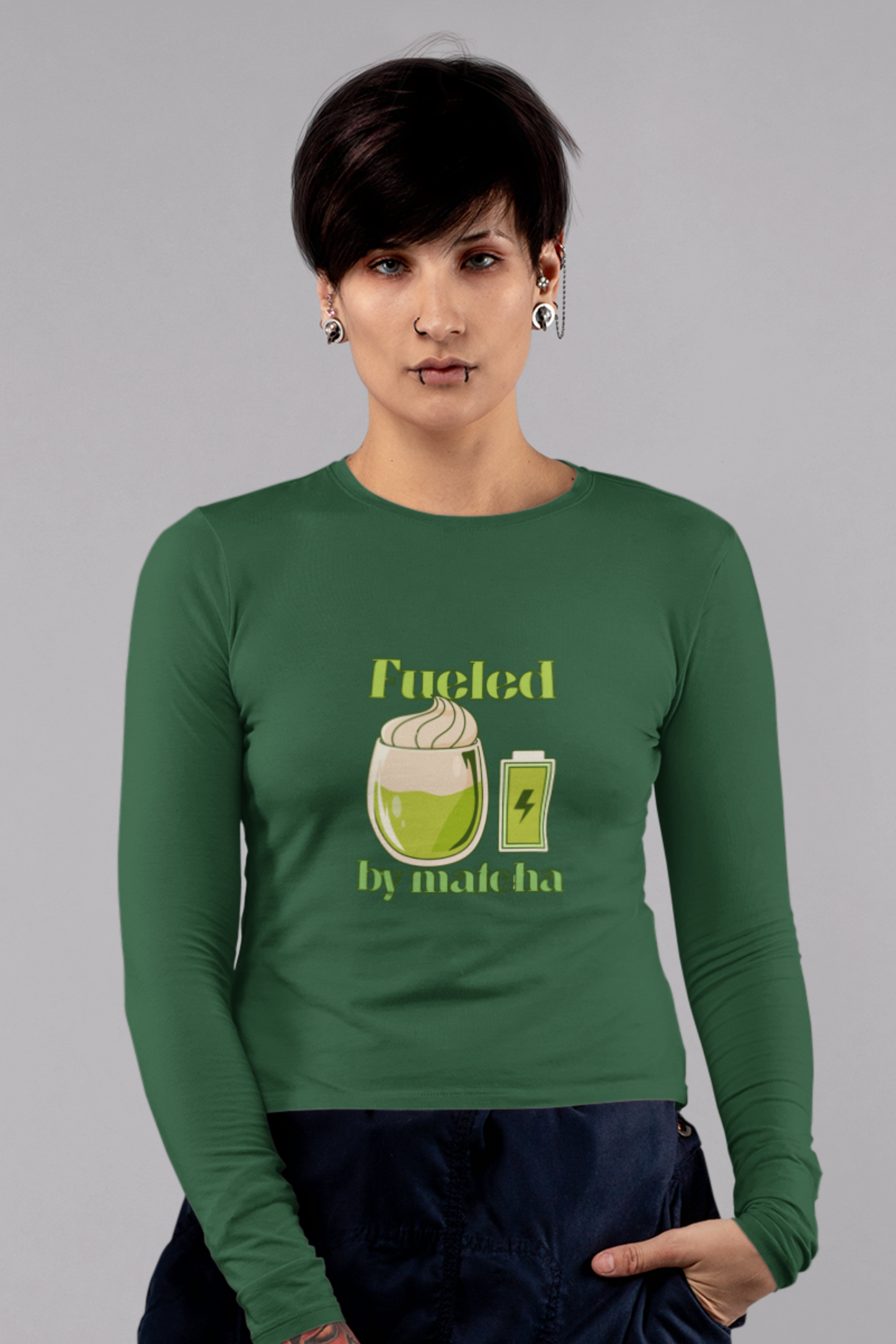 Fueled by Matcha Long Sleeve T-Shirt | Unisex Regular Fit | 100% Cotton | 180 GSM Bio-Washed Fabric | Sustainable Print | Matcha Graphic Tee | Made in India