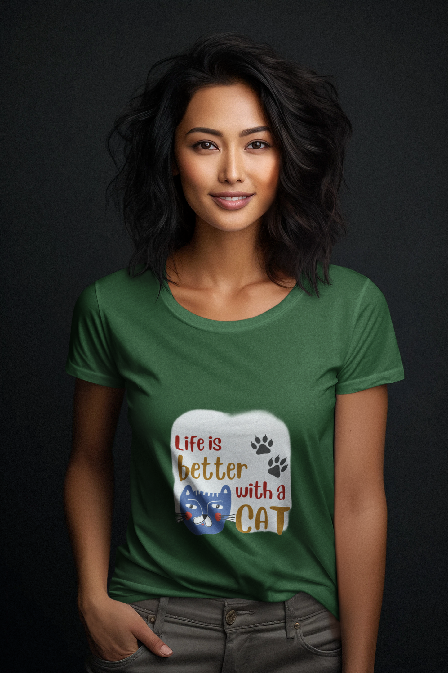 Women's Life is Better with a Cat T-Shirt, 100% Cotton, Bio-Washed, 180 GSM (13 colours x 9 sizes)