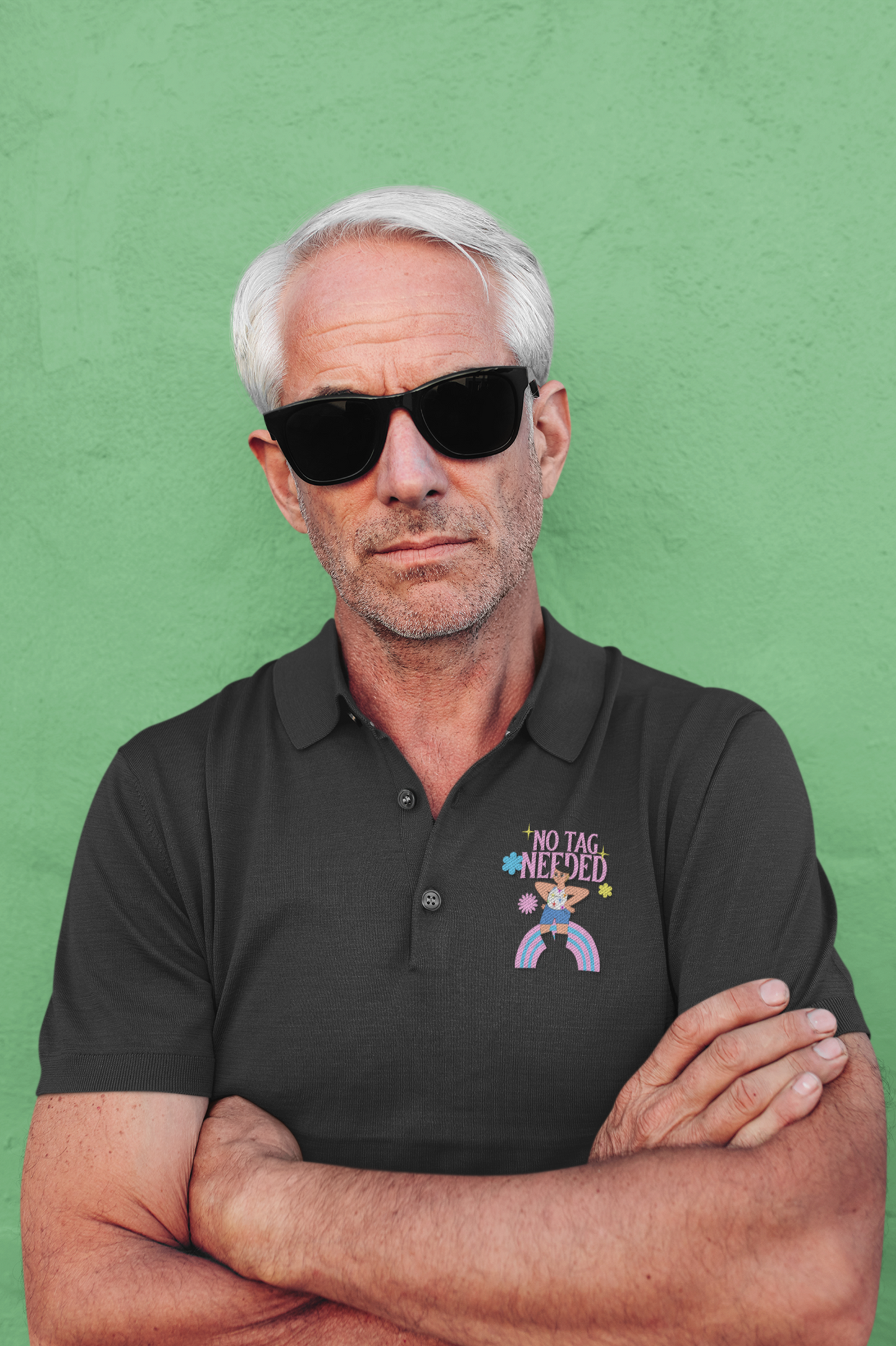 Unisex Pride Polo T-Shirt – “No Tag Needed” Design | Pink & Blue Rainbow Graphic | 230 GSM Cotton | Regular Fit | Made in India