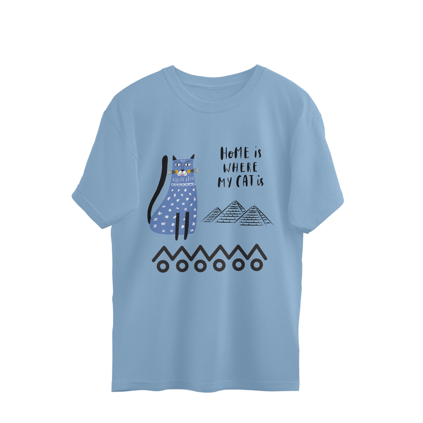Egyptian Cat Print Unisex T-Shirt, 220 GSM Cotton, Oversized Fit, Bio Washed (4 colors, 5 sizes)