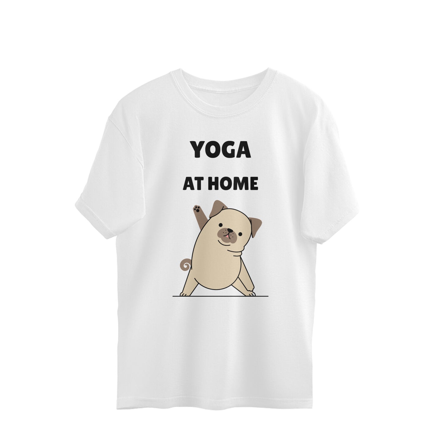 Yoga at Home Cotton T-Shirt, Oversized Unisex Fit, Pug Design Print, 220 GSM (5 colors, 5 sizes)