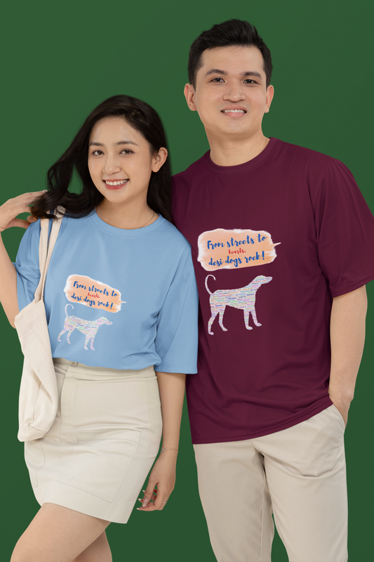 Desi Dog Breeds Cotton T-Shirt, Word Cloud Design, Unisex Oversized Fit, 220 GSM (11 colors, 6 sizes)