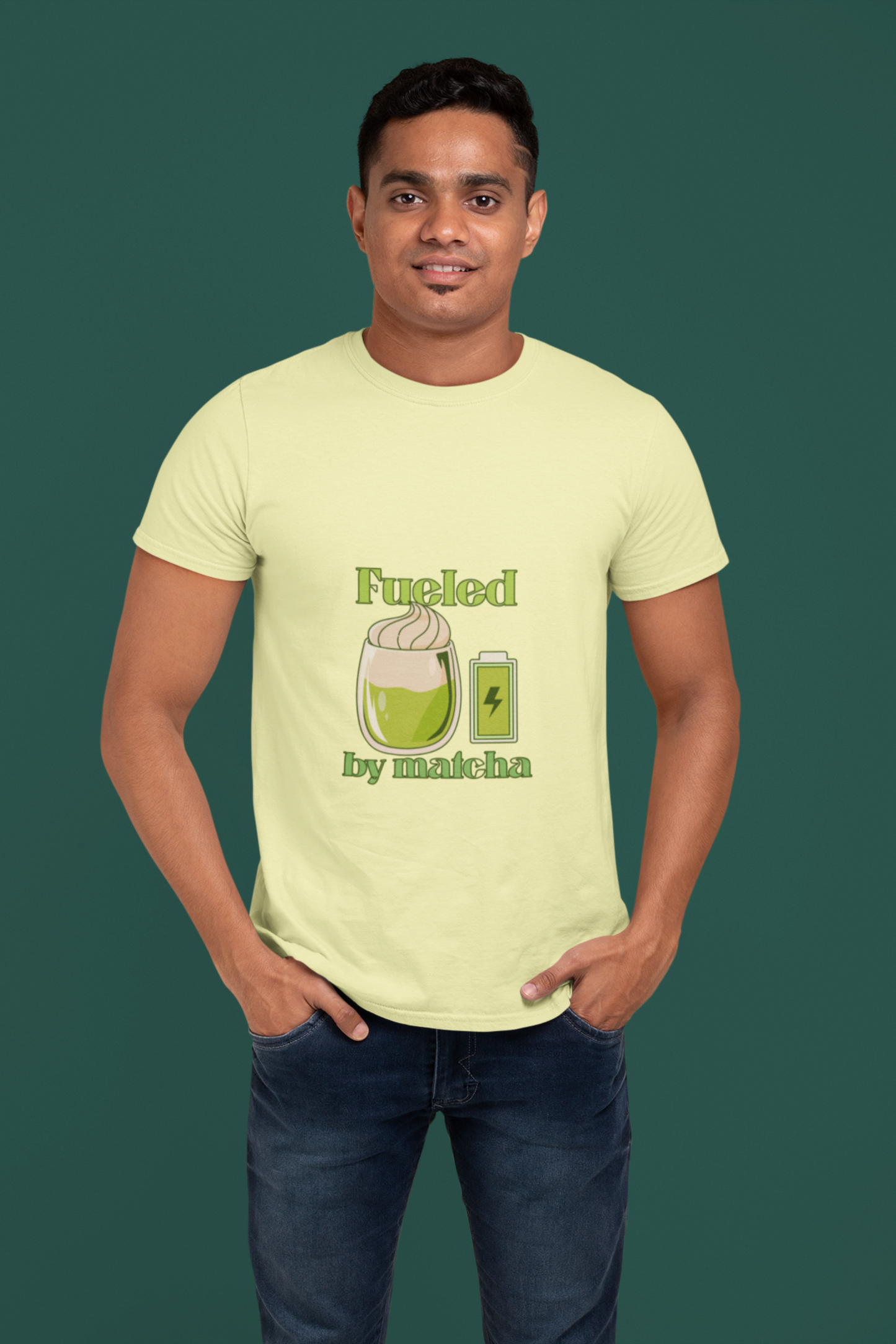 Fueled by Matcha T-Shirt for Men | Regular Fit | 100% Cotton Round Neck Tee | Eco-Friendly Ink | Half Sleeve | Green Matcha Lover Graphic Tee | Made in India