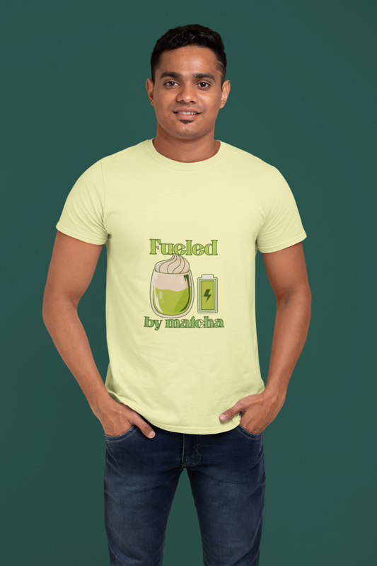 Fueled by Matcha T-Shirt for Men | Regular Fit | 100% Cotton Round Neck Tee | Eco-Friendly Ink | Half Sleeve | Green Matcha Lover Graphic Tee | Made in India