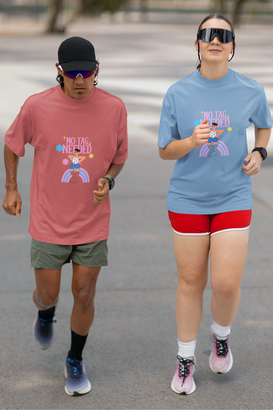 Oversized Unisex Pride T-Shirt – “No Tag Needed” Design | Pink & Blue Rainbow | 100% Combed Cotton | 220 GSM | Eco-Friendly Inks | Made in India