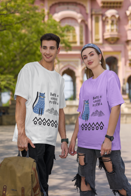 Egyptian Cat Print Unisex T-Shirt, 220 GSM Cotton, Oversized Fit, Bio Washed (4 colors, 5 sizes)