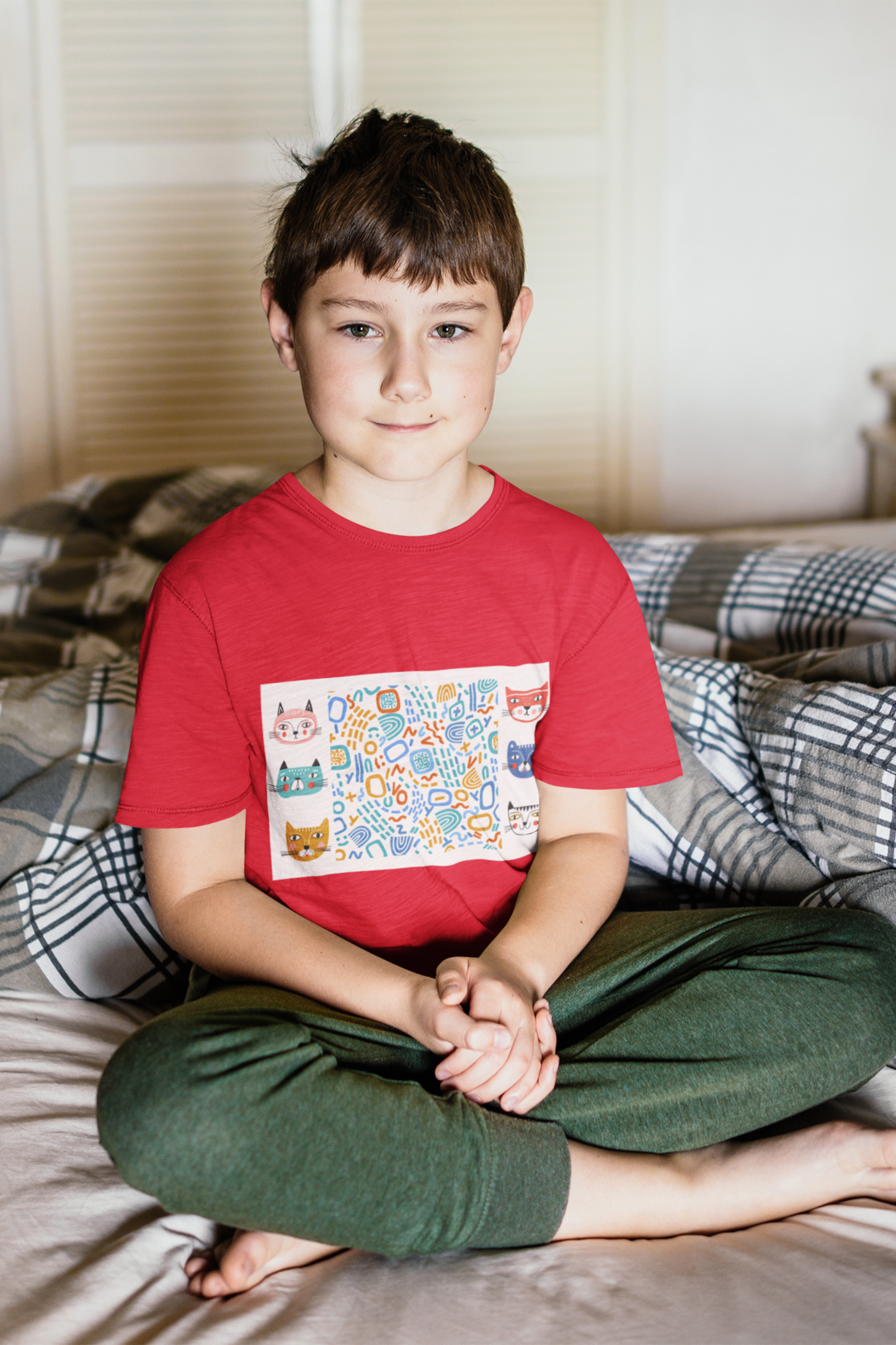 Kids' Cotton Cat Print T-Shirt, 180 GSM Bio-Washed Fabric (12 colours x 4 sizes)