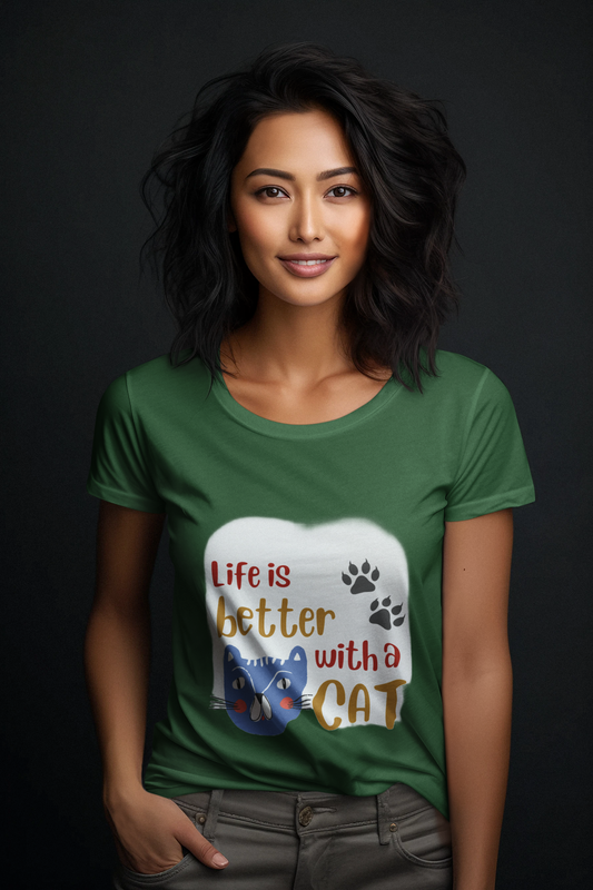 Women's Life is Better with a Cat T-Shirt, 100% Cotton, Bio-Washed, 180 GSM (15 colours x 9 sizes)