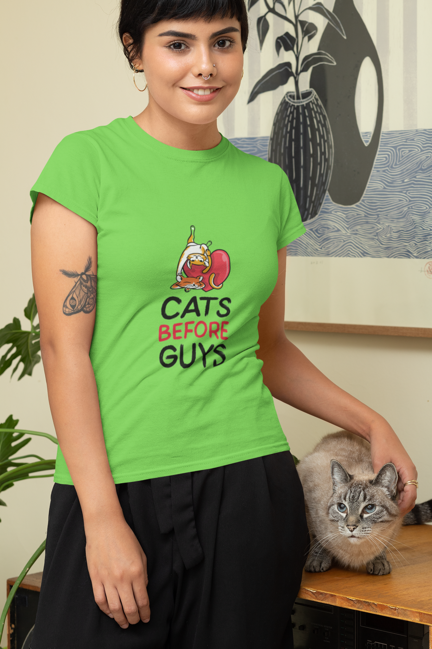 Women's Cats Before Guys Graphic T-Shirt, 100% Cotton, Regular Fit, 180 GSM (10 colours x 9 sizes)