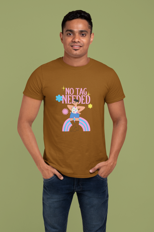 Men’s Pride T-Shirt – “No Tag Needed” LGBTQ+ Design | Pink & Blue Rainbow | 180 GSM Cotton Blend | Eco-Friendly Print | Unisex Fit | Made in India