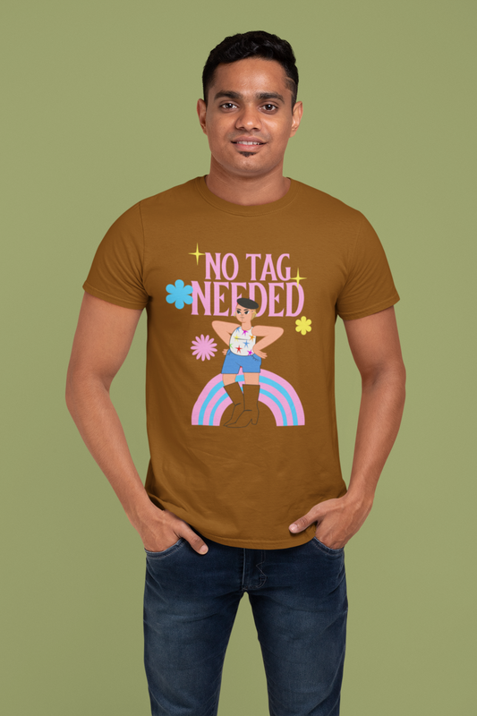 Men’s Pride T-Shirt – “No Tag Needed” LGBTQ+ Design | Pink & Blue Rainbow | 180 GSM Cotton Blend | Eco-Friendly Print | Unisex Fit | Made in India