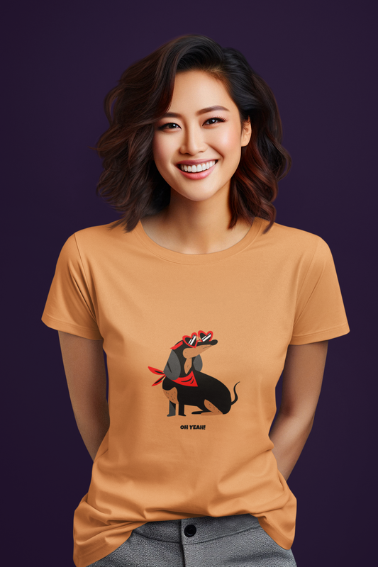 Women's Dachshund Graphic T-Shirt, 100% Cotton, Mustard Yellow, Regular Fit, 180 GSM (8 colours x 9 sizes)