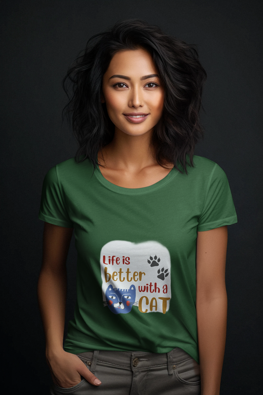 Women's Life is Better with a Cat T-Shirt, 100% Cotton, Bio-Washed, 180 GSM (13 colours x 9 sizes)