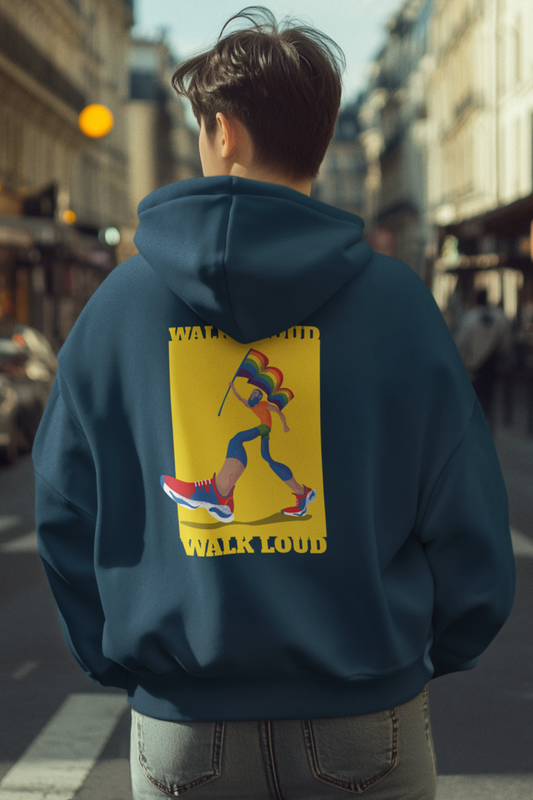 Oversized Pride Hoodie – “Walk Proud, Walk Loud” LGBTQ+ Caricature Design | Unisex Fit | 100% Combed Cotton | Sustainable Print | Made in India