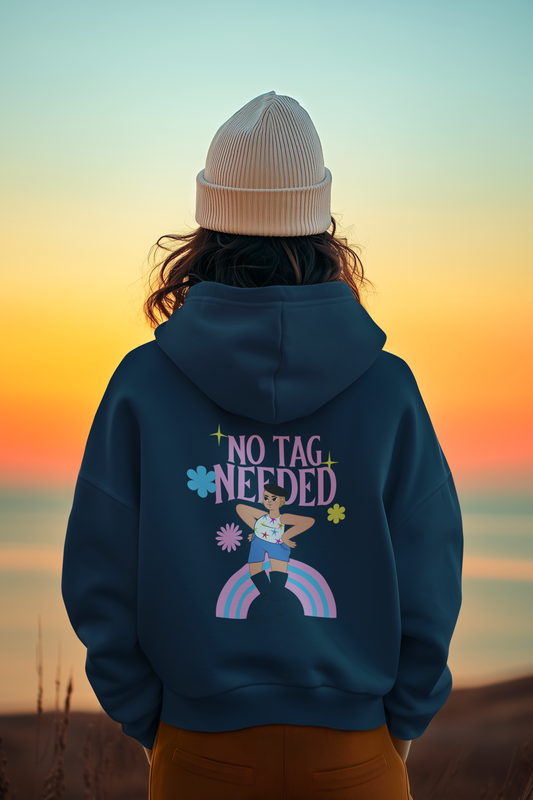Oversized Unisex Pride Hoodie – “No Tag Needed” LGBTQ+ Design | 100% Combed Cotton | Pink & Blue Rainbow | 320 GSM | Eco-Friendly Print | Made in India