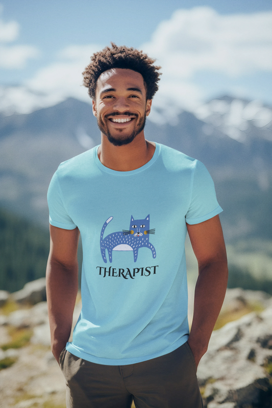 Men's Cat Therapist Graphic T-Shirt, 100% Cotton, Bio-Washed, 180 GSM (11 colours x 8 sizes)