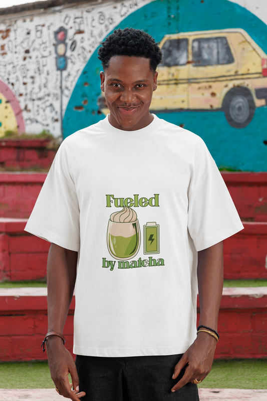 Fueled by Matcha Oversized T-Shirt | Unisex Loose Fit | 100% Cotton | 220 GSM Bio-Washed Fabric | Eco-Friendly Ink | Graphic Matcha Tee | Made in India
