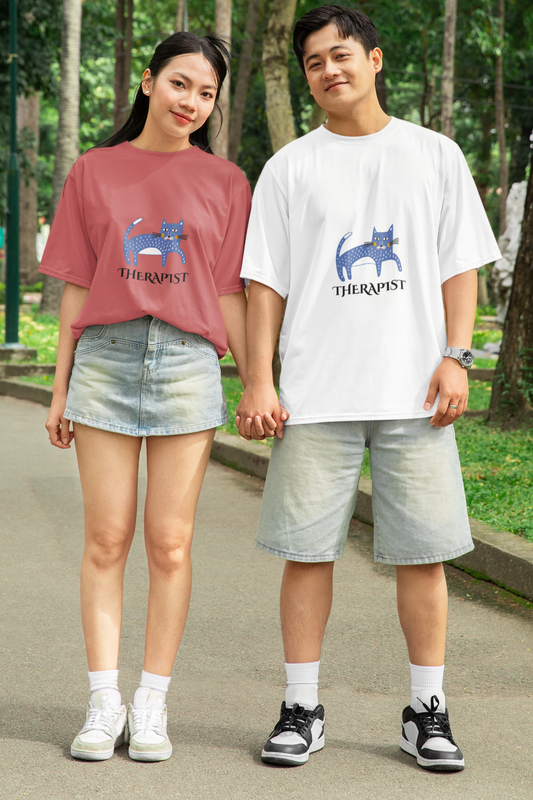 Unisex Cat Therapist Graphic T-Shirt, 100% Cotton, Oversized Fit (8 colors, 6 sizes)