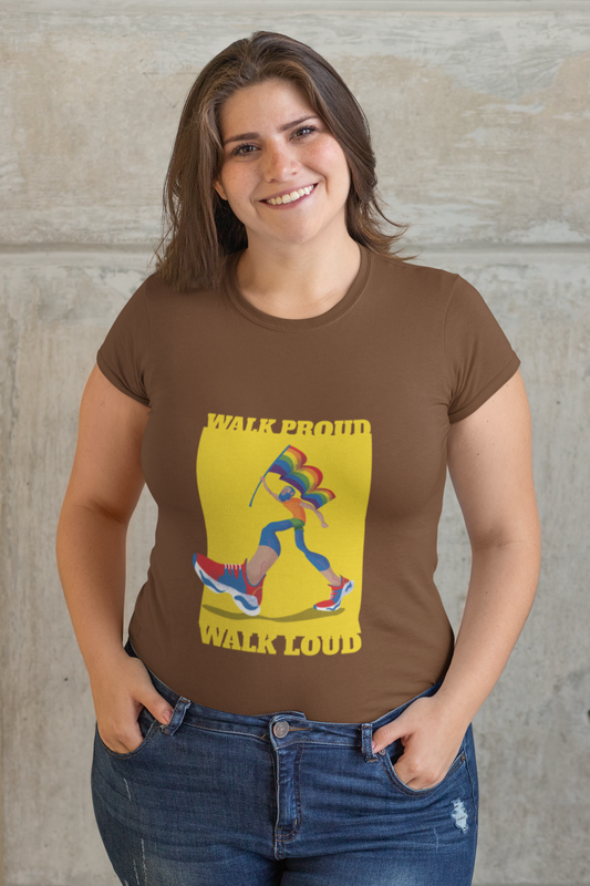 Women’s Round Neck Pride T-Shirt – “Walk Proud, Walk Loud” LGBTQ+ Design | 100% Combed Cotton | Eco-Friendly Print | Regular Fit | Made in India
