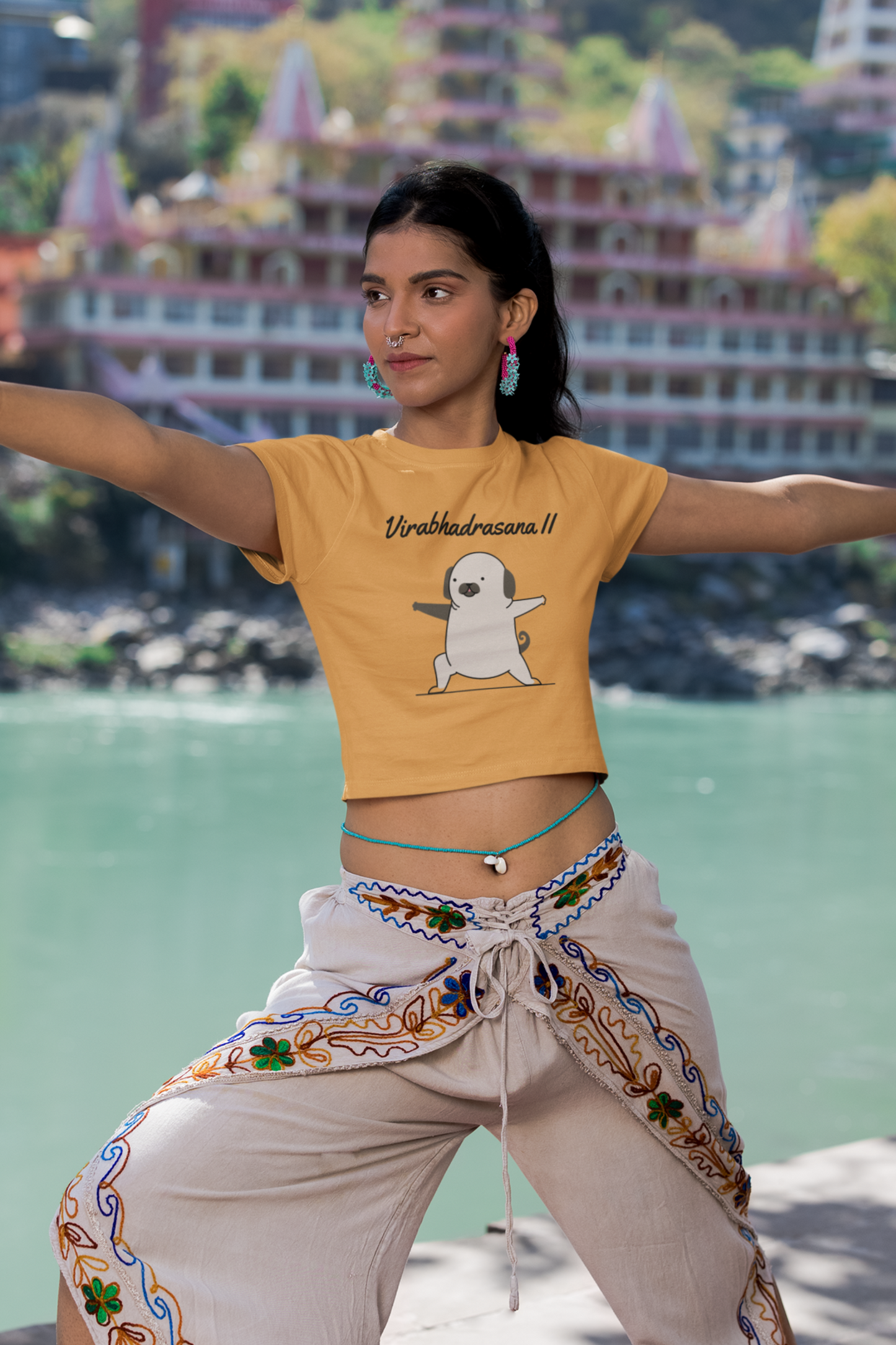 Women's Virabhadrasana II Yoga Pug Crop Top, 100% Cotton, 180 GSM (9 colours x 6 sizes)