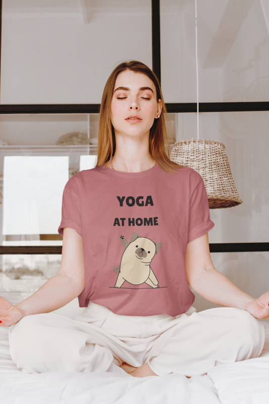 Yoga at Home Cotton T-Shirt, Oversized Unisex Fit, Pug Design Print, 220 GSM (5 colors, 5 sizes)
