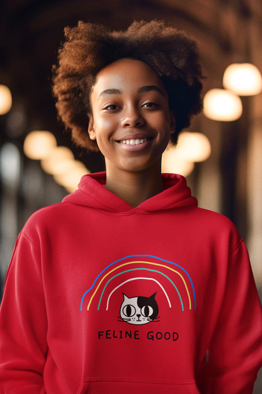 Feline Good Cat Rainbow Graphic Hoodie, 100% Cotton, 320 GSM (4 colours x 6 sizes)