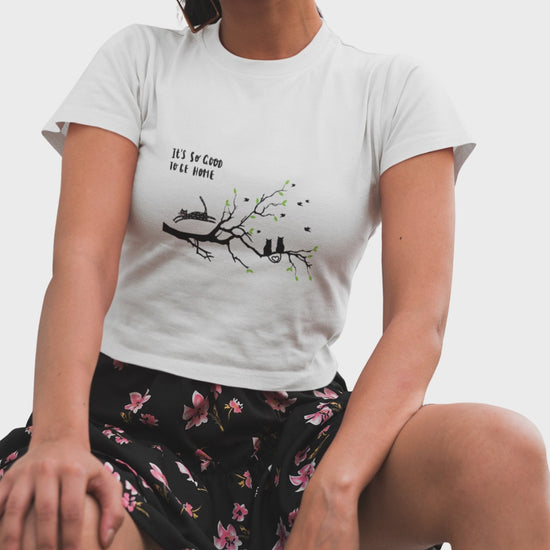 Women’s It’s So Good to Be Home cat graphic crop top by Merch4Good